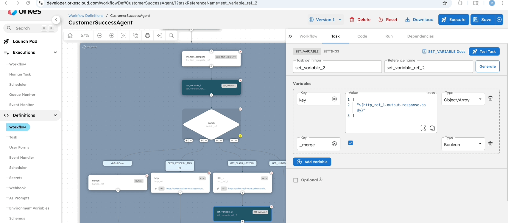 Set up an HTTP and SET_VARIABLE tasks, for the GET_SLACK_HISTORY switch case