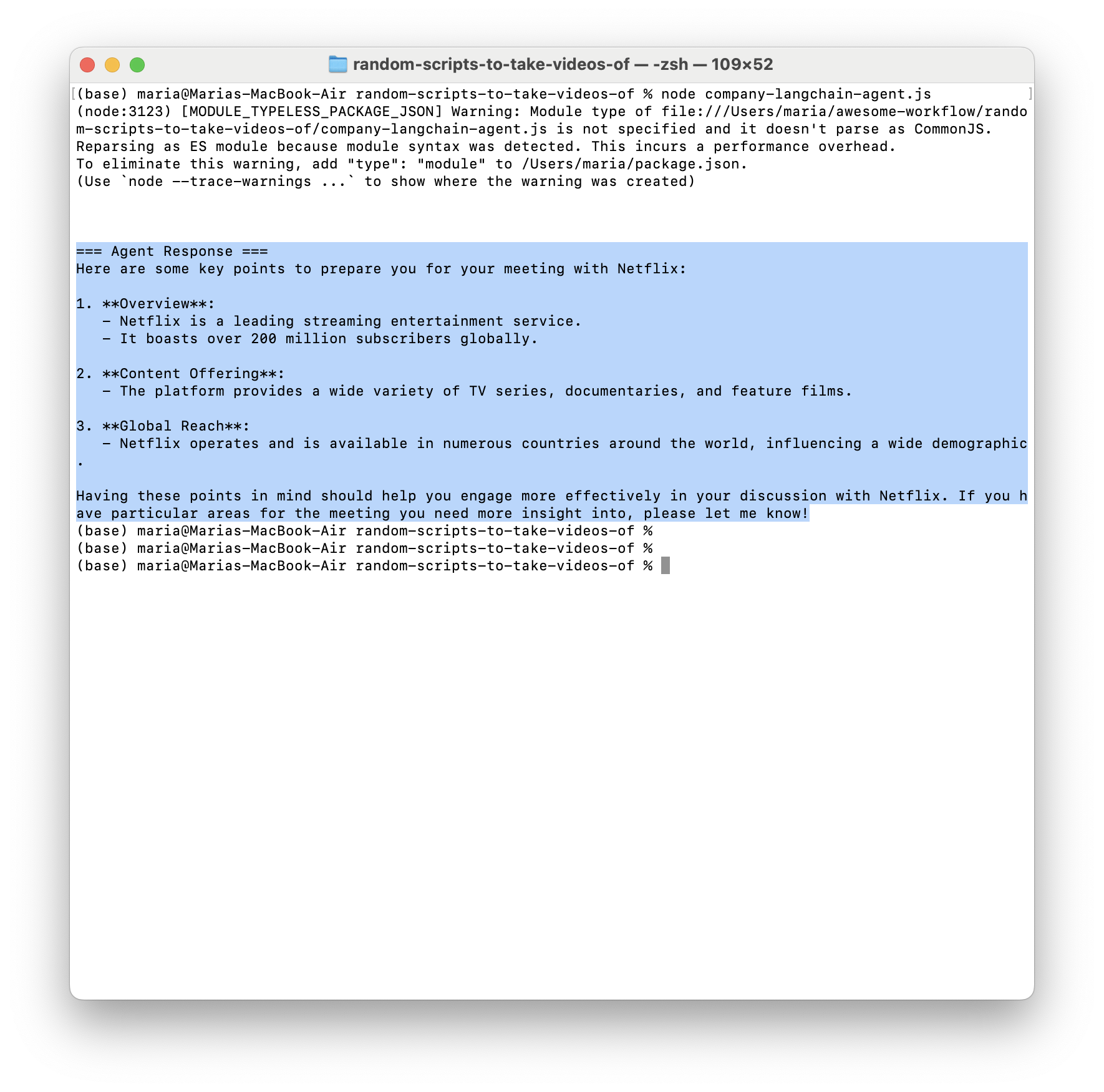 Screenshot of running the agent and showing the result of a slightly different prompt.