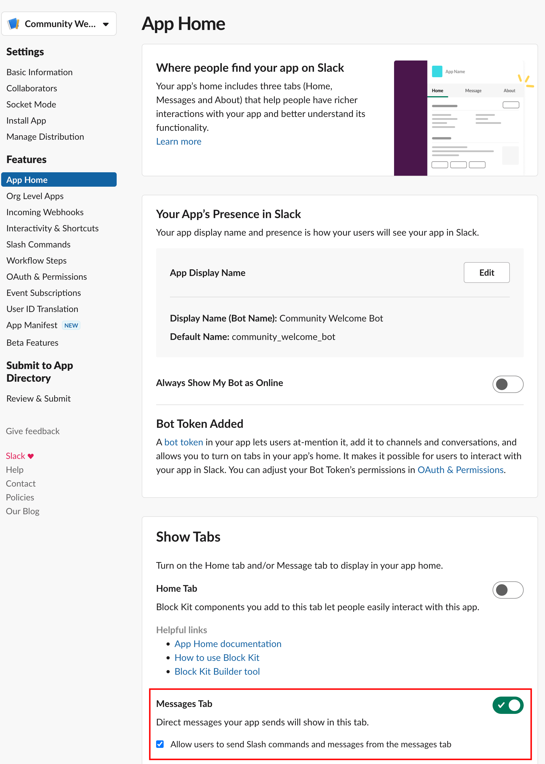 Activating Messages tab