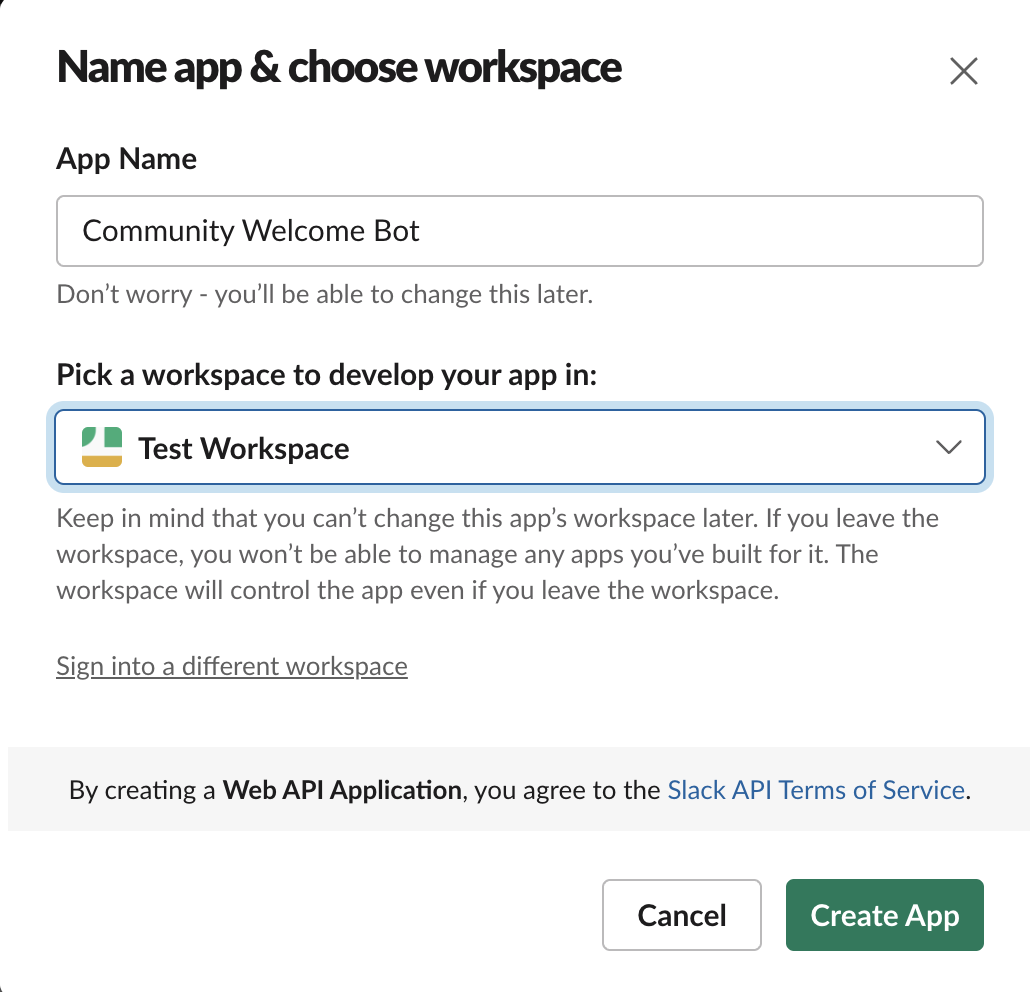 Creating Slack Bot - Name & workspace creation