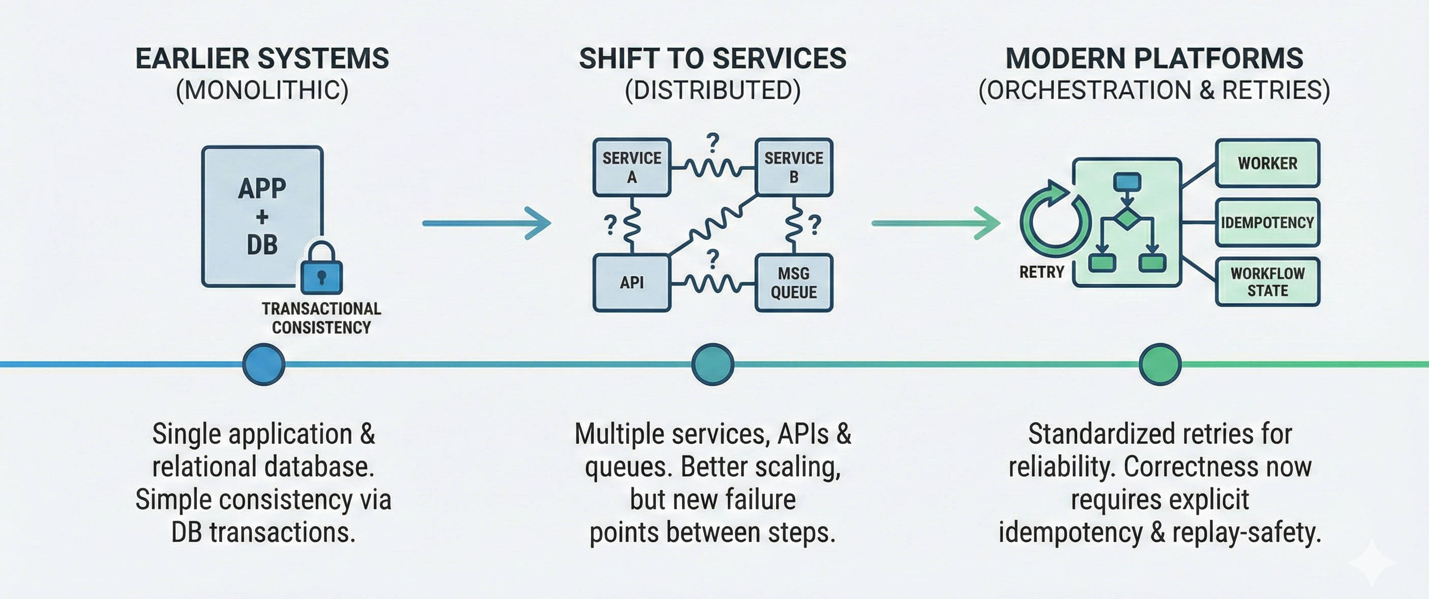 Architecture evolution from monolith to distributed systems and workflow orchestration