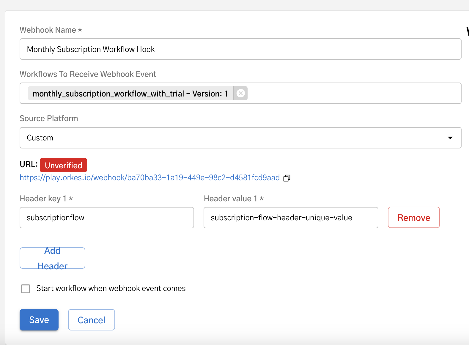Webhook for invoking subscription workflow