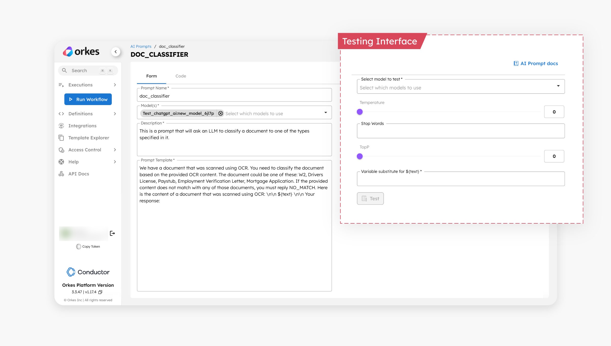 Testing Interface for prompts in Orkes Conductor.