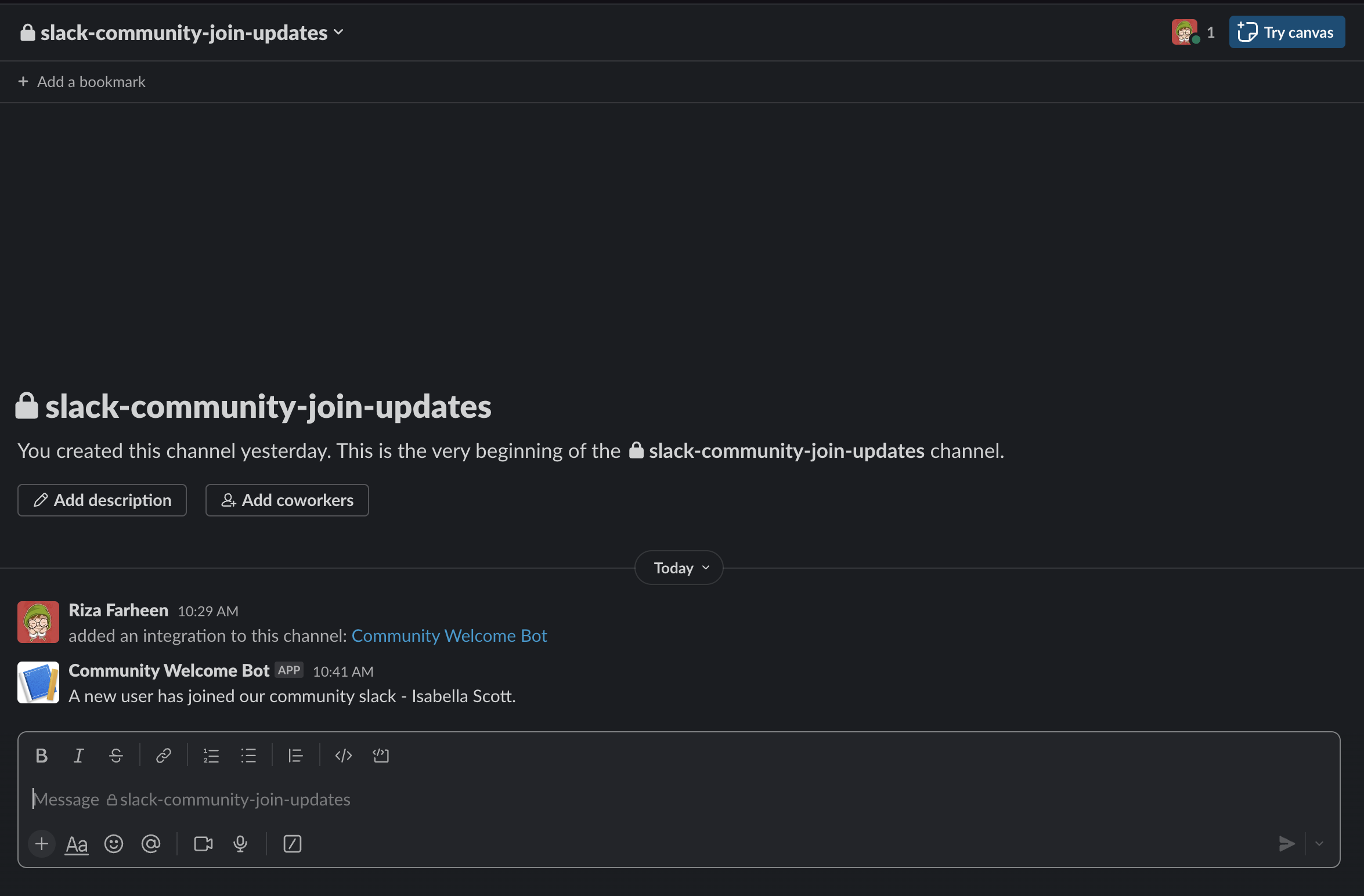 Slack channel where user joining updates are posted by the Bot