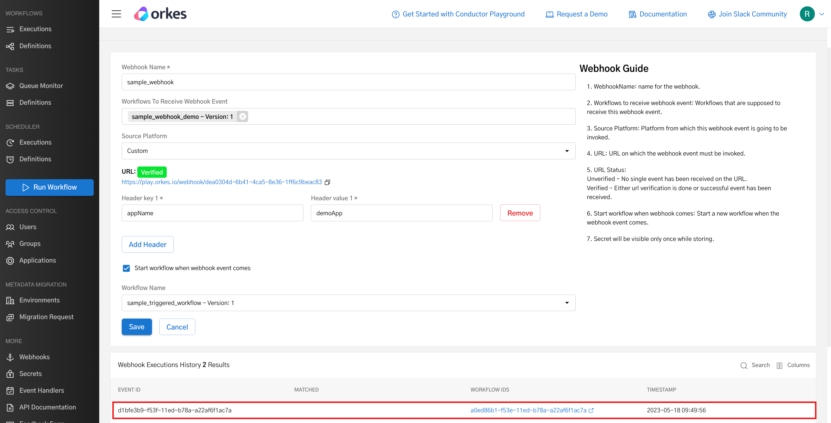 Webhook with verified URL