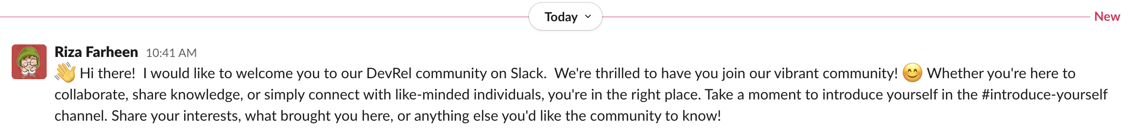 Initial welcome message received by the community user
