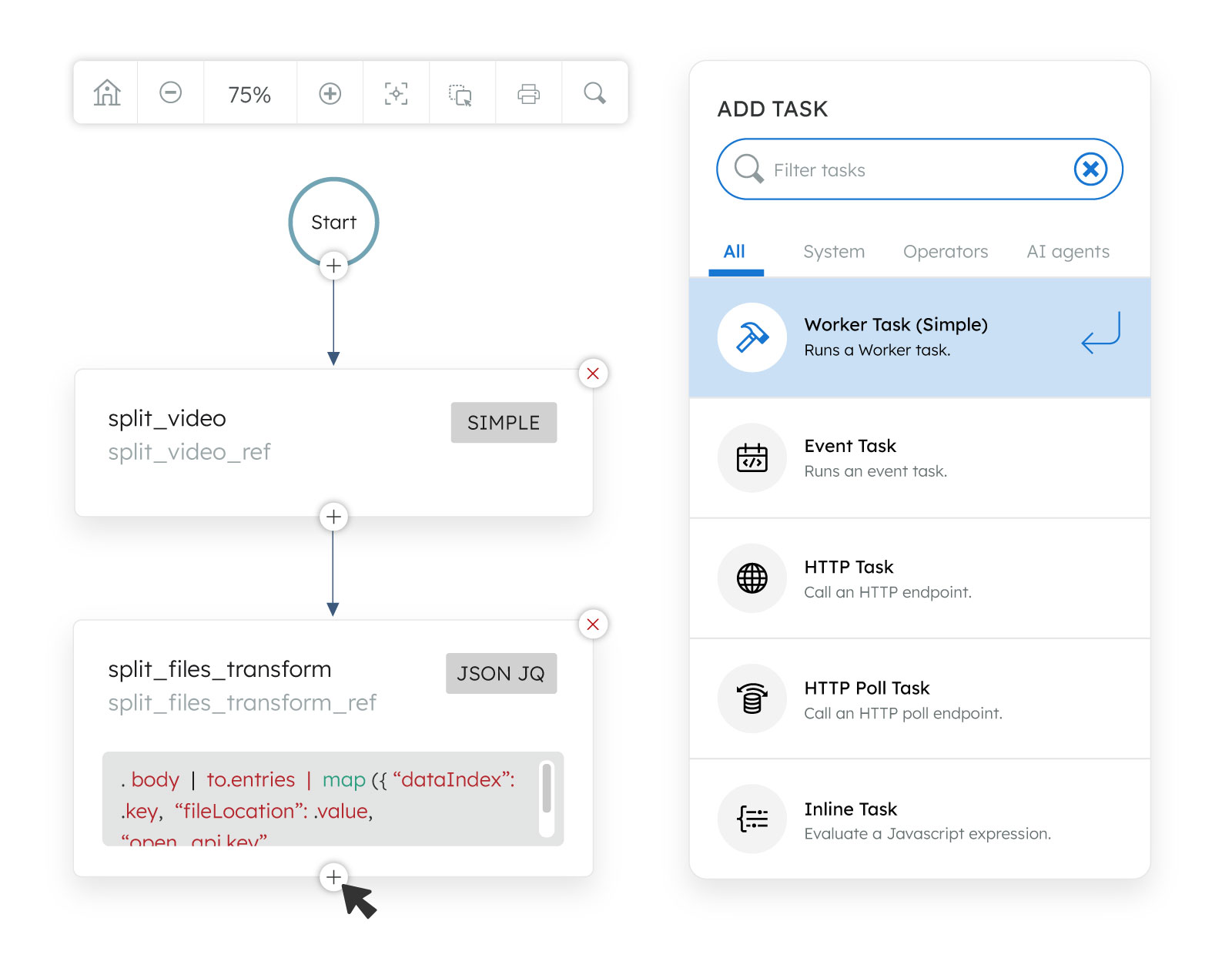Orkes Conductor workflow creation and task menu