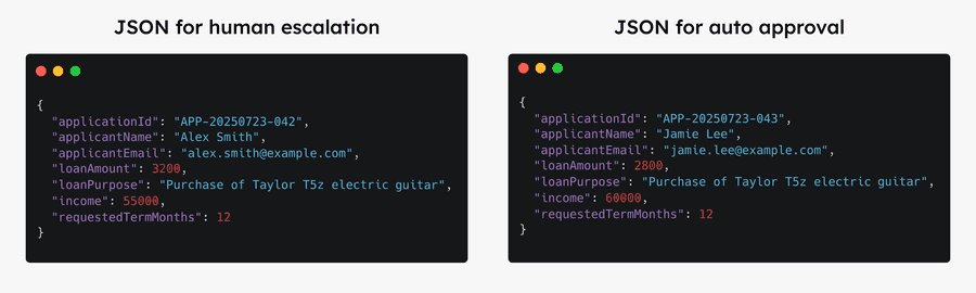 The logic for this is arbitrary for the purposes of the demo, but you can easily build in your own rules and policies on when a human needs to be called for review and when the agentic workflow can be trusted to auto approve or deny a request.