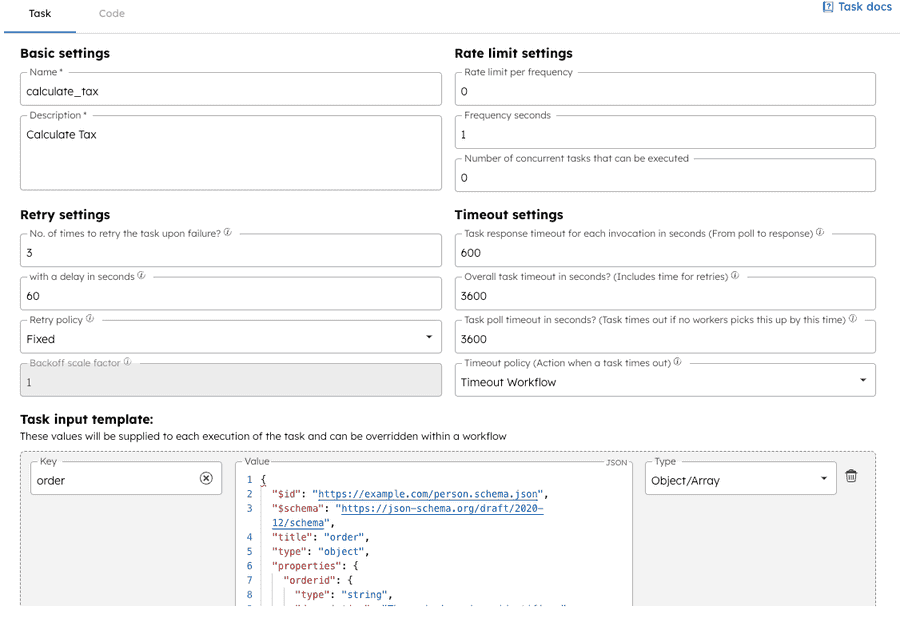 Screenshot of the task definition screen in Conductor