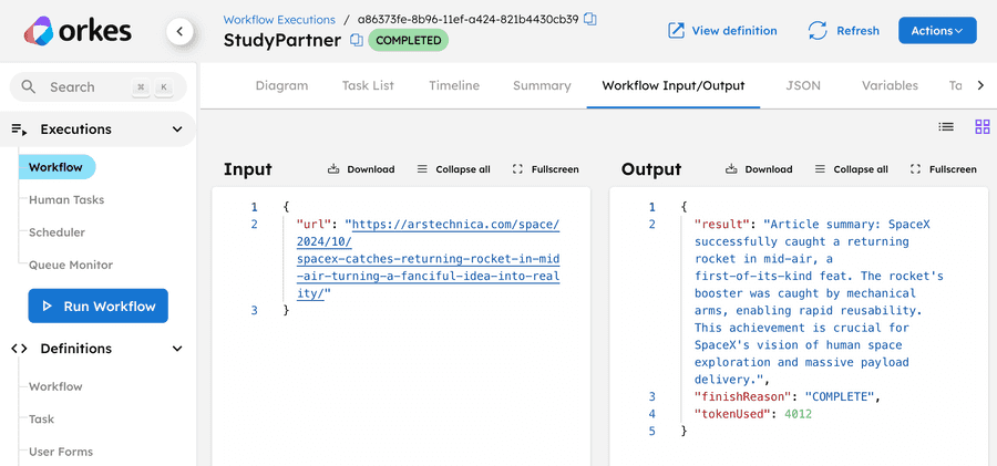 Screenshot of the Workflow Input/Output tab in the workflow execution screen in Conductor.