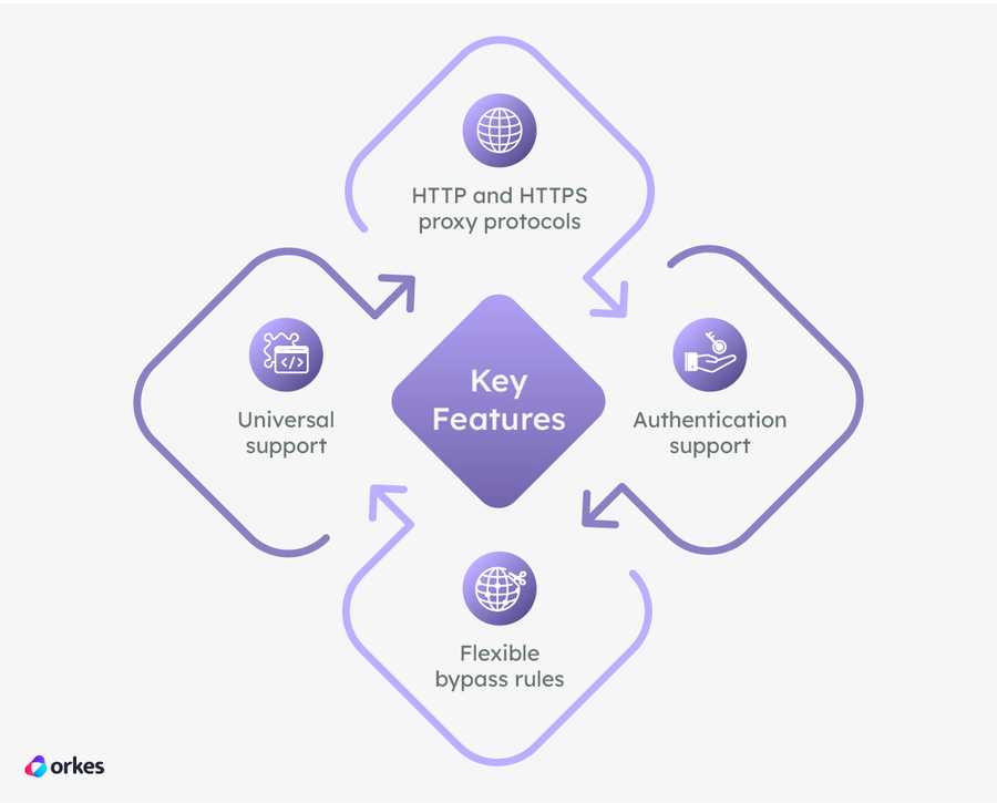 Infographic of the Proxy Support features: HTTP and HTTPS proxy protocols, Authentication support, Flexible bypass rules, Universal support.
