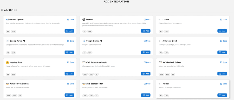 Screenshot of Orkes Conductor Integration screen, showing all the AI / LLM integrations available.