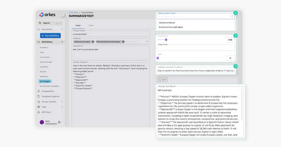 Screenshot of Orkes' Conductor Ai Prompt Builder, with the steps for testing prompts highlighted.