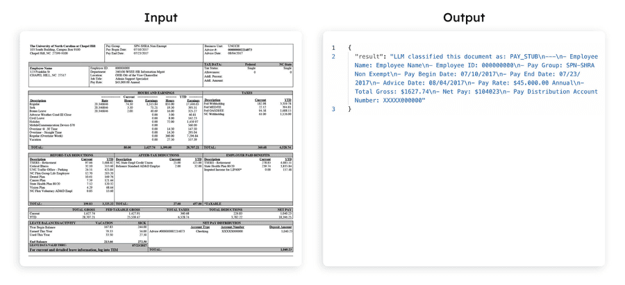 Sample test run with a pay stub document