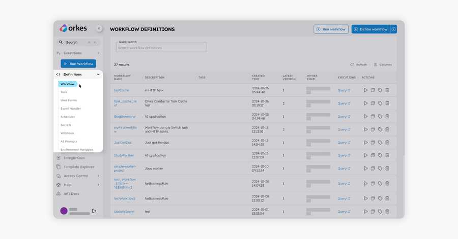 Screenshot of Conductor UI, showing the left navigation menu for Definitions > Workflow.