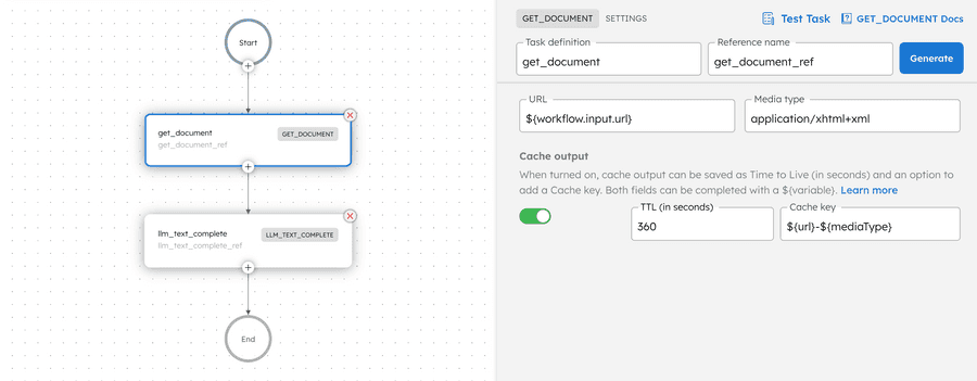 Screenshot of Conductor UI, showing the Get Document task configuration.