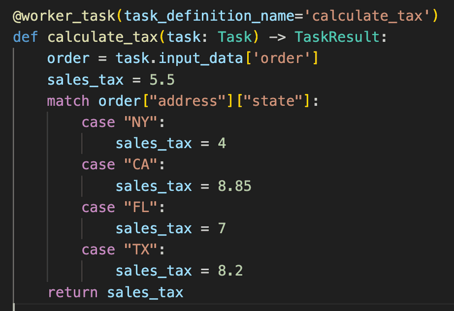 Code sample showing the tax calculation logic in Python.