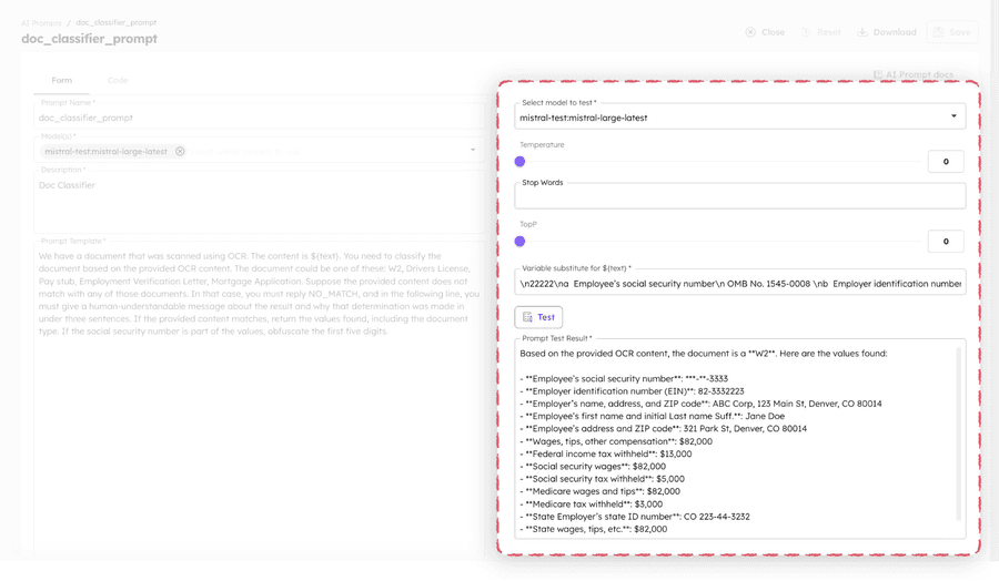 Sample test results for the prompt template