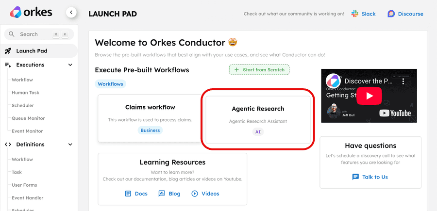 A screenshot of the Launch Pad in the Orkes developer Playground highlighting the Agentic Research workflow template.