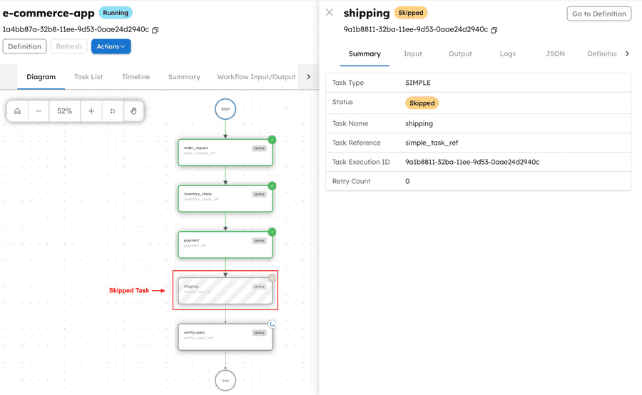 Skipping task from workflow execution in Conductor UI
