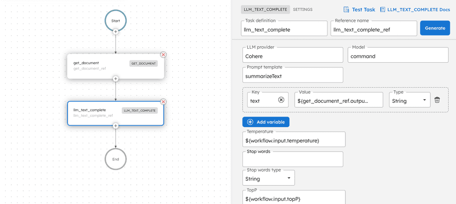 Screenshot of Conductor UI, showing the Text Complete task configuration.