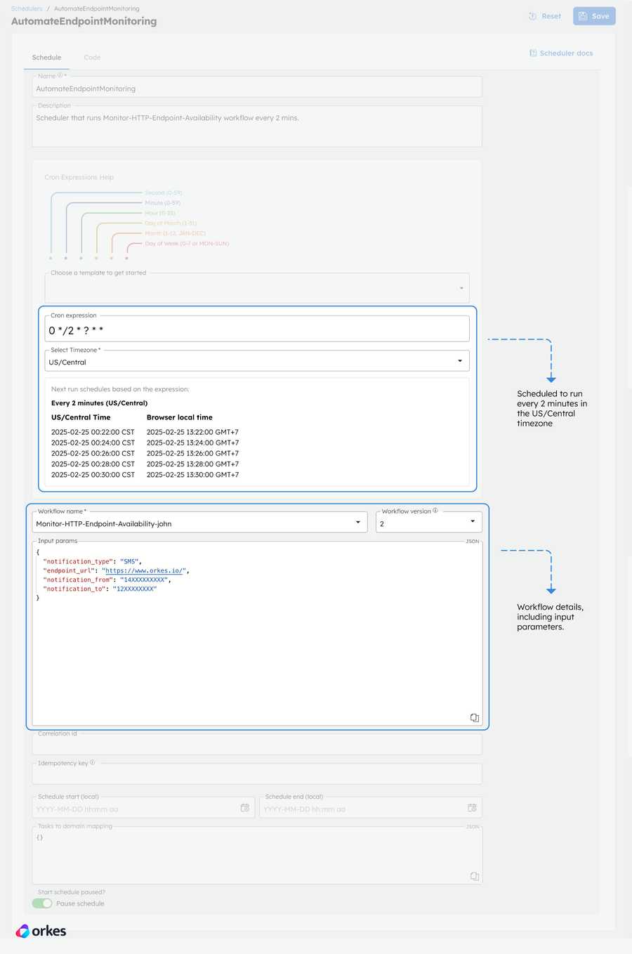 Workflow scheduler for running every 2 mins