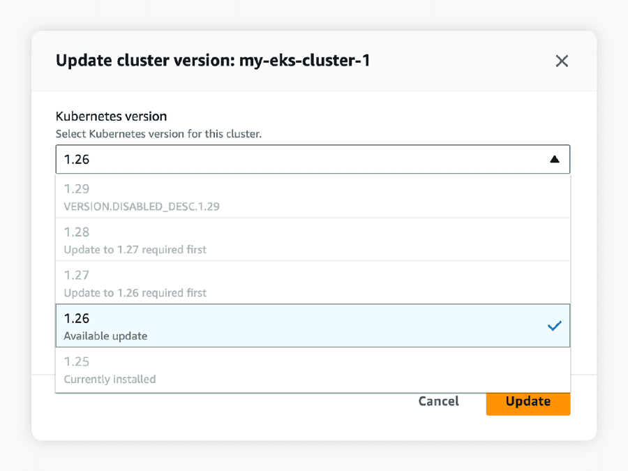 Selection screen in the Amazon console, displaying the available Kubernetes version that the selected cluster can be updated to.