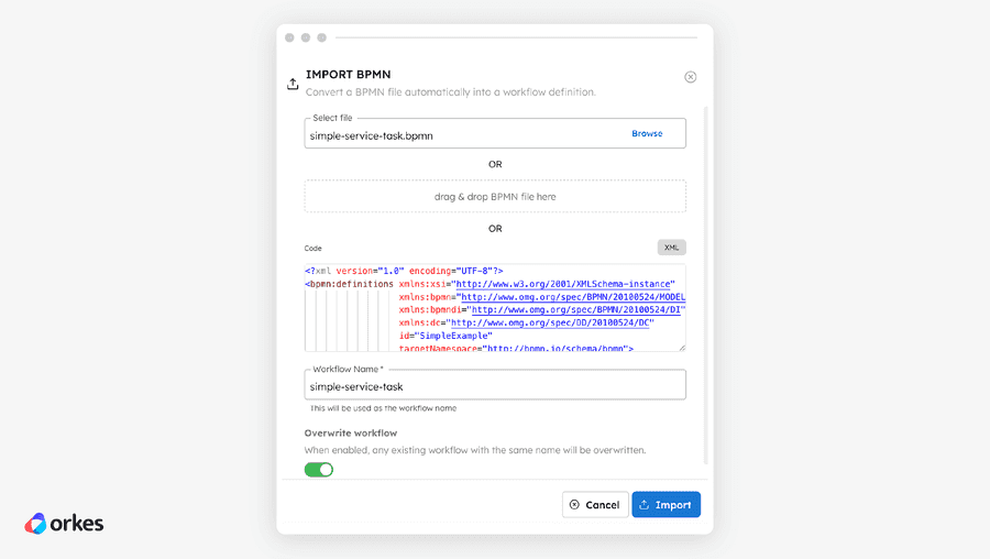 File upload for BPMN Importer in Orkes Conductor